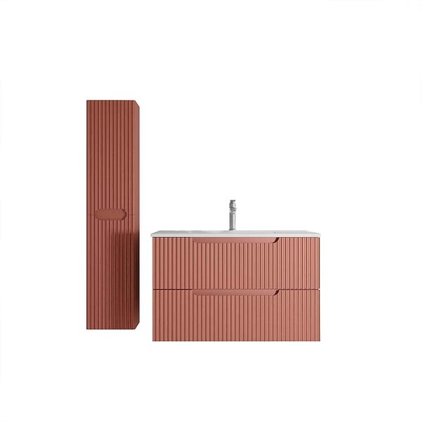 AURLANE - Meuble et colonne de Salle de Bains LEON 80cm Terracotta - Façades Ondulées - Vasque Blanche Mate - large