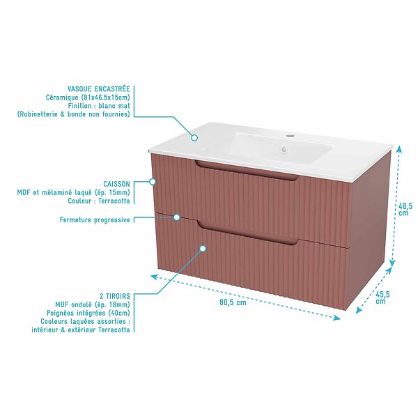 AURLANE - Meuble et colonne de Salle de Bains LEON 80cm Terracotta - Façades Ondulées - Vasque Blanche Mate - large