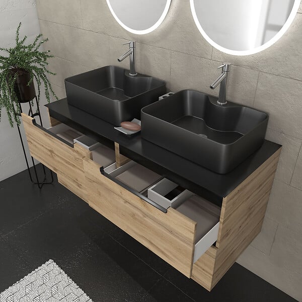 AURLANE - Meuble salle de bains 120cm Chene et noir, Vasques rectangulaires et Miroirs Led Diam 50cm - OMEGA - large