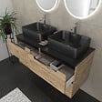 AURLANE - Meuble salle de bains 120cm Chene et noir, Vasques rectangulaires et Miroirs Led Diam 50cm - OMEGA - vignette