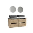AURLANE - Meuble salle de bains 120cm Chene et noir, Vasques rectangulaires et Miroirs Led Diam 50cm - OMEGA - vignette