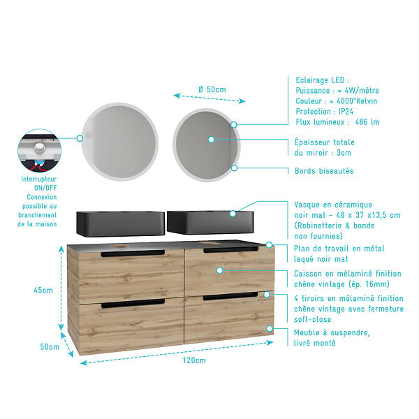 AURLANE - Meuble salle de bains 120cm Chene et noir, Vasques rectangulaires et Miroirs Led Diam 50cm - OMEGA - large