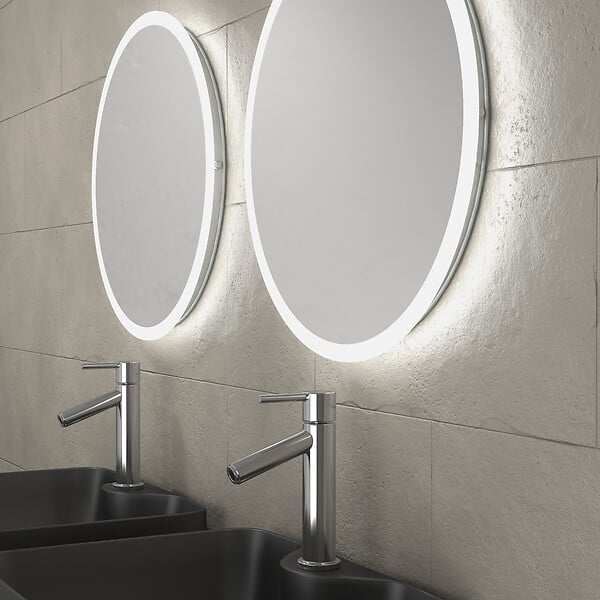 AURLANE - Meuble salle de bains 120cm Chene et noir, Vasques rectangulaires et Miroirs Led Diam 50cm - OMEGA - large