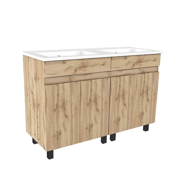 AURLANE - Meuble de salle de bains 120cm 4 Portes_Chêne Naturel + Vasque céramique blanche - TIMBER 120 - large