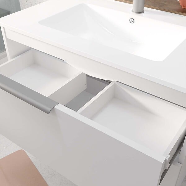 AURLANE - Meuble de Salle de Bains 60cm Suspendu Blanc 2 Tiroirs - Vasque Blanche - ELEMENTARY - large