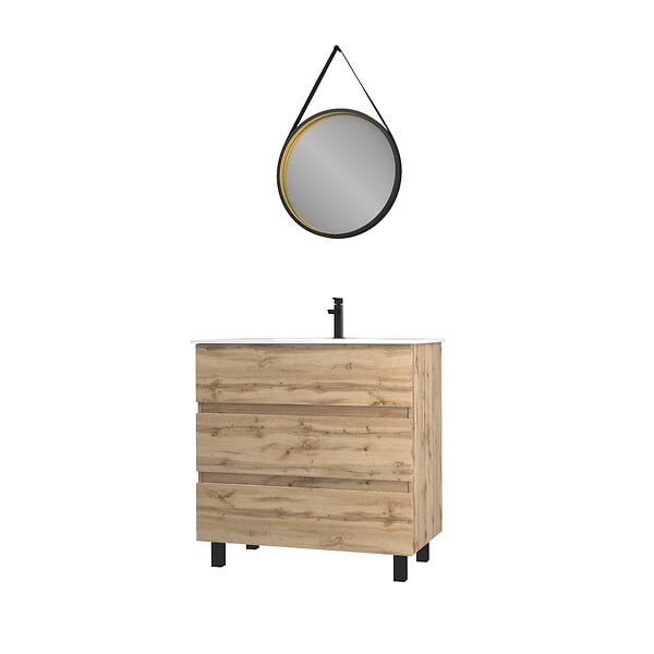 AURLANE - Pack Meuble SDB 80cm sur pieds 3 tiroirs Chene_Vasque blanche + Miroir Barber - TIMBER 80_Pack48 - large