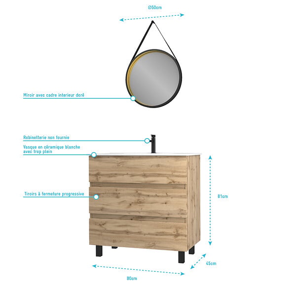AURLANE - Pack Meuble SDB 80cm sur pieds 3 tiroirs Chene_Vasque blanche + Miroir Barber - TIMBER 80_Pack48 - large