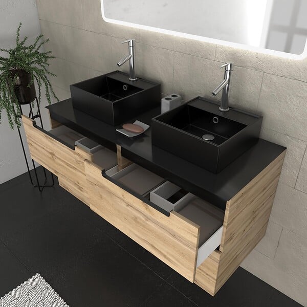 AURLANE - Meuble salle de bains 120cm Chêne et noir, Vasques carrées et Miroir Led 120x70 - OMEGA - large