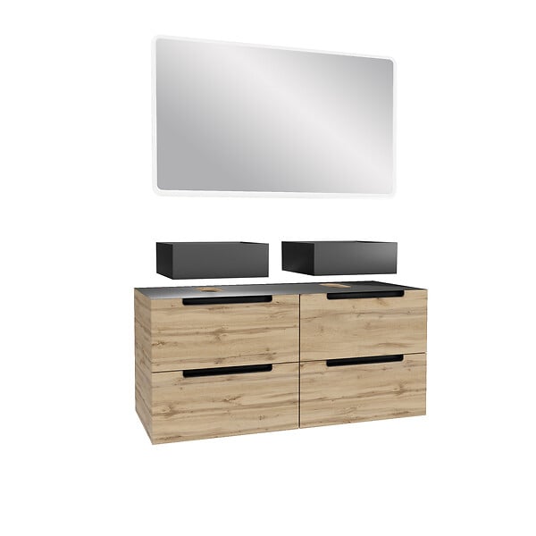 AURLANE - Meuble salle de bains 120cm Chêne et noir, Vasques carrées et Miroir Led 120x70 - OMEGA - large