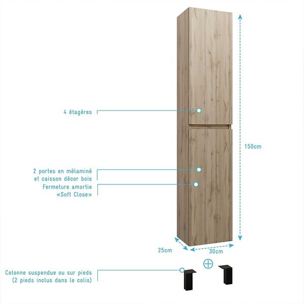 AURLANE - Meuble colonne pour salle de bains 2 portes finition chêne Naturel - 30x25x150 - TIMBER - large