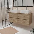 AURLANE - Meuble Salle de Bains 120cm 4 Tiroirs Chêne Naturel - 2 Vasques Carrées 41x41x15cm Blanches - vignette