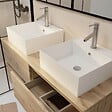 AURLANE - Meuble Salle de Bains 120cm 4 Tiroirs Chêne Naturel - 2 Vasques Carrées 41x41x15cm Blanches - vignette