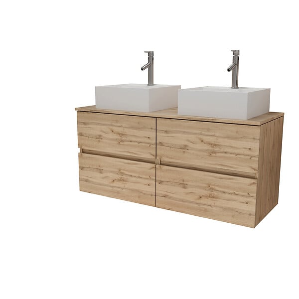 AURLANE - Meuble Salle de Bains 120cm 4 Tiroirs Chêne Naturel - 2 Vasques Carrées 41x41x15cm Blanches - large