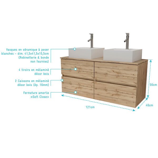 AURLANE - Meuble Salle de Bains 120cm 4 Tiroirs Chêne Naturel - 2 Vasques Carrées 41x41x15cm Blanches - large