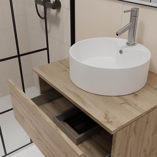 AURLANE - Meuble Salle de Bains 60cm 2 Tiroirs Chêne Naturel + Vasque Ronde Diamètre 41cm en Céramique Blanche - large