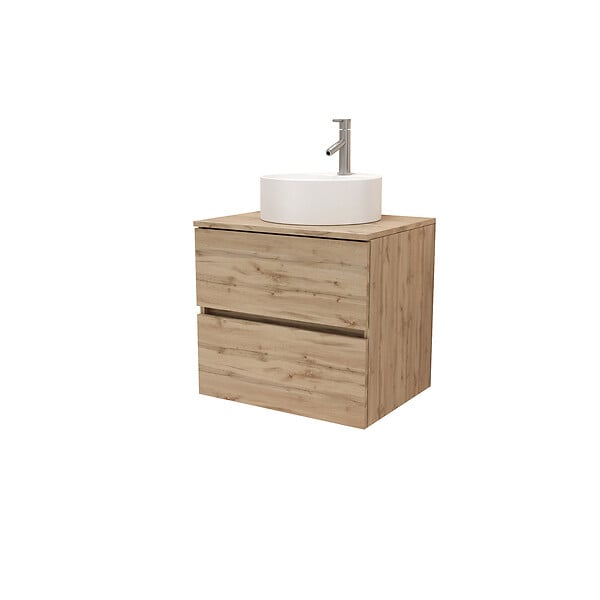 AURLANE - Meuble Salle de Bains 60cm 2 Tiroirs Chêne Naturel + Vasque Ronde Diamètre 41cm en Céramique Blanche - large