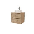 AURLANE - Meuble Salle de Bains 60cm 2 Tiroirs Chêne Naturel + Vasque Ronde Diamètre 41cm en Céramique Blanche - vignette