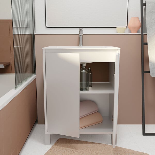 AURLANE - Pack Meuble Salle de Bains 60cm Laqué Blanc 2 portes avec Vasque Céramique Blanche - XENOS - large