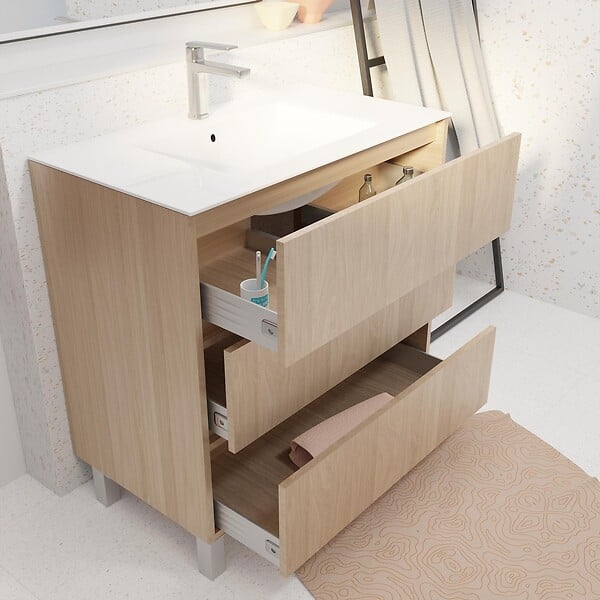 AURLANE - Pack Meuble Salle de Bains 80 cm Chêne Clair, 3 tiroirs avec Vasque Céramique - XENOS - large