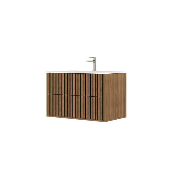 AURLANE - Meuble Salle de Bains 80cm 2 Tiroirs Décor Chêne et Noir Cranté - Vasque Blanche Mate - YUKI - large