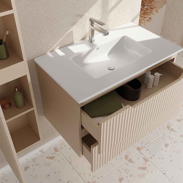 AURLANE - Meuble et colonne de Salle de Bains LEON 80cm Marron Glacé - Façades Ondulées - Vasque Blanche Mate - large