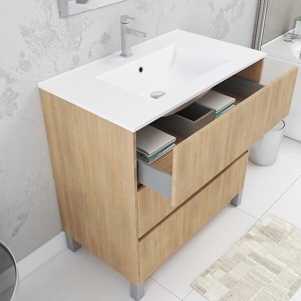 AURLANE - Pack Meuble Salle de Bains 80cm Chêne Clair 3 Tiroirs, Vasque, Miroir 60x80 et réglette Led - XENOS - large