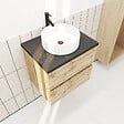 AURLANE - Meuble salle de bains 60cm Chêne Naturel 2 Tiroirs - Plan Effet Marbre Noir + Vasque Ronde Blanche - vignette