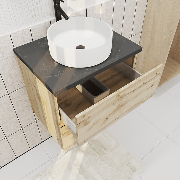 AURLANE - Meuble salle de bains 60cm Chêne Naturel 2 Tiroirs - Plan Effet Marbre Noir + Vasque Ronde Blanche - large