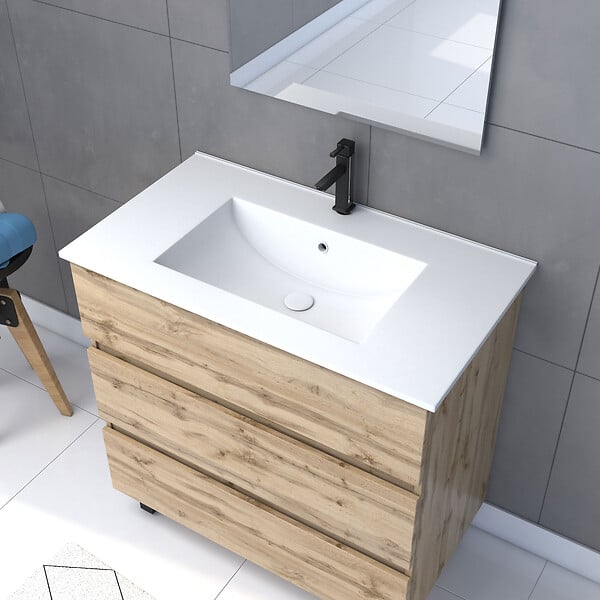 AURLANE - Pack Meuble SDB 80cm sur pieds 3 tiroirs Chene_Vasque blanche + Miroir Led - TIMBER 80_Pack47 - large
