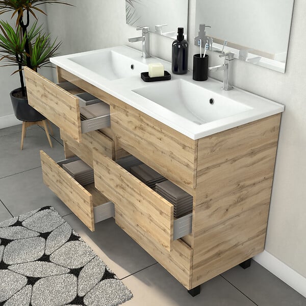AURLANE - Meuble Salle de Bains 120cm 6 Tiroirs Chêne Naturel + Vasque Blanche + Miroirs avec appliques Led - large