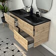 AURLANE - Meuble Salle de Bains 120cm 4 Tiroirs Chêne Naturel + Vasque Noire et Miroirs Ovales - vignette