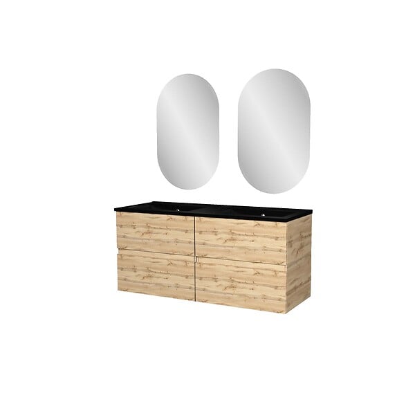 AURLANE - Meuble Salle de Bains 120cm 4 Tiroirs Chêne Naturel + Vasque Noire et Miroirs Ovales - large
