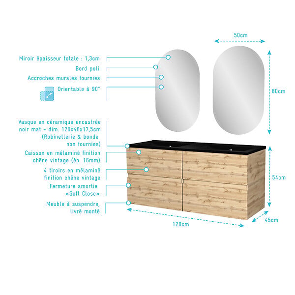 AURLANE - Meuble Salle de Bains 120cm 4 Tiroirs Chêne Naturel + Vasque Noire et Miroirs Ovales - large