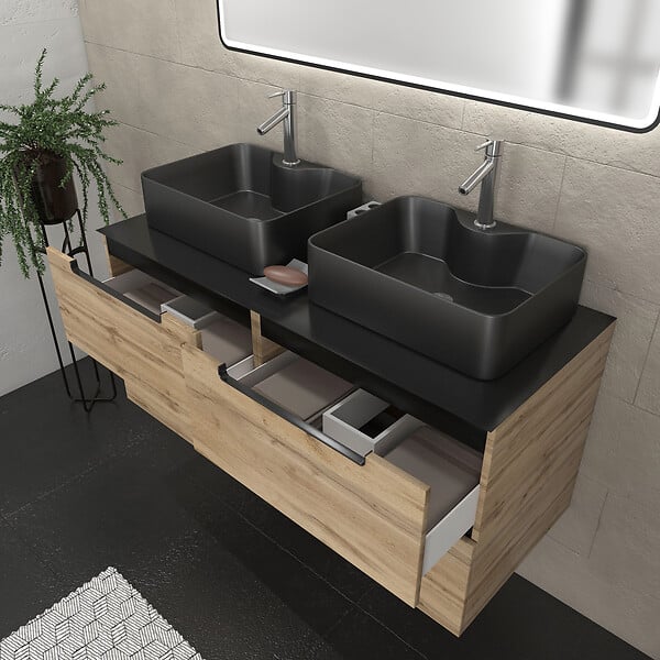 AURLANE - Meuble salle de bains 120cm Chêne et noir, Vasques rectangulaires et Miroir Black Led 120x70 - OMEGA - large