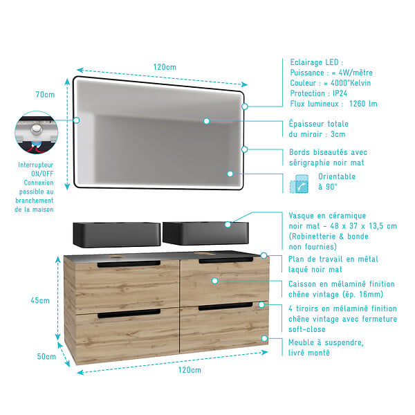AURLANE - Meuble salle de bains 120cm Chêne et noir, Vasques rectangulaires et Miroir Black Led 120x70 - OMEGA - large