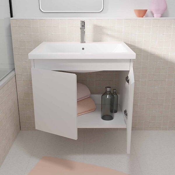 AURLANE - Meuble de salle de bains 60cm a Suspendre Blanc - 2 Portes - Vasque Blanche - ELEMENTARY - large
