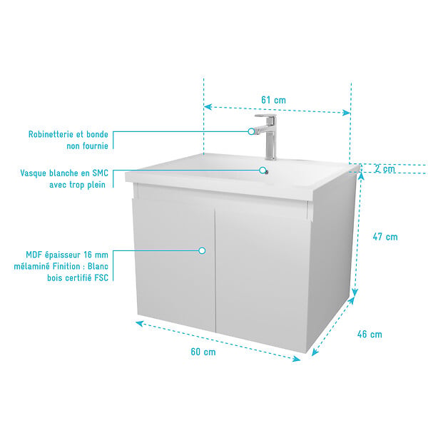 AURLANE - Meuble de salle de bains 60cm a Suspendre Blanc - 2 Portes - Vasque Blanche - ELEMENTARY - large
