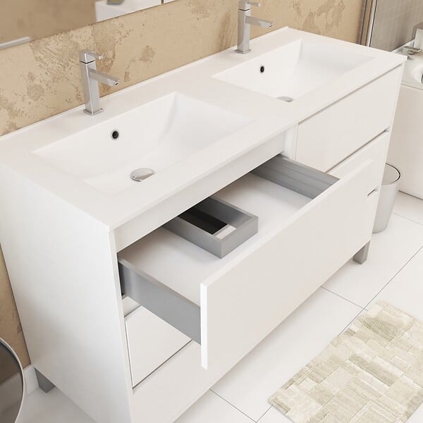 AURLANE - Meuble Salle de Bains 120 cm Laqué Blanc 6 Tiroirs, Vasque, Miroirs 60x80 à Leds intégrées - XENOS - large