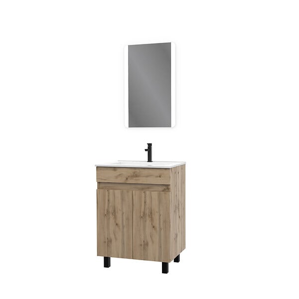 AURLANE - Meuble salle de bain 60x80 - Finition chene naturel - vasque blanche + miroir Led - TIMBER 60 - large