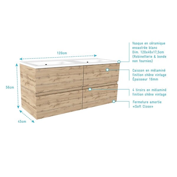 AURLANE - Meuble de salle de bains 120cm 4 Tiroirs_Chêne Naturel + Vasque céramique blanche - TIMBER 120 - large