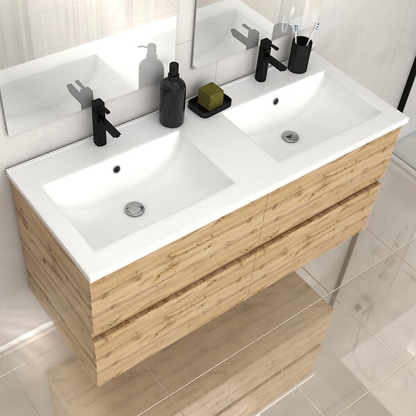 AURLANE - Meuble de salle de bains 120cm 4 Tiroirs_Chêne Naturel + Vasque céramique blanche - TIMBER 120 - large