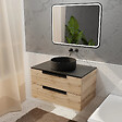 AURLANE - Meuble salle de bains 80cm Decor Bois et Noir, 2 Tiroirs, Vasque Noire 36cm et Miroir Led 80x60cm - vignette