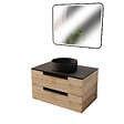 AURLANE - Meuble salle de bains 80cm Decor Bois et Noir, 2 Tiroirs, Vasque Noire 36cm et Miroir Led 80x60cm - vignette
