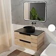 AURLANE - Meuble salle de bains 80cm Decor Bois et Noir, 2 Tiroirs, Vasque Noire 36cm et Miroir Led 80x60cm - vignette
