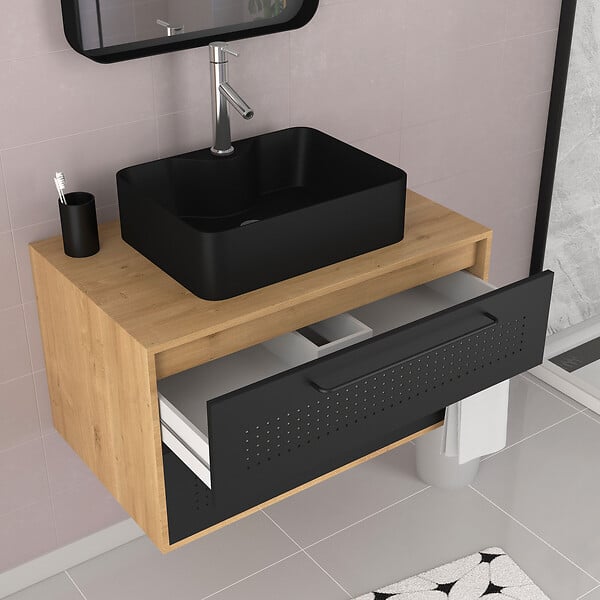 AURLANE - Meuble de Salle de Bains 80 cm avec Vasque Rectangulaire - Finition Chêne naturel et Noir Mat - UBY - large