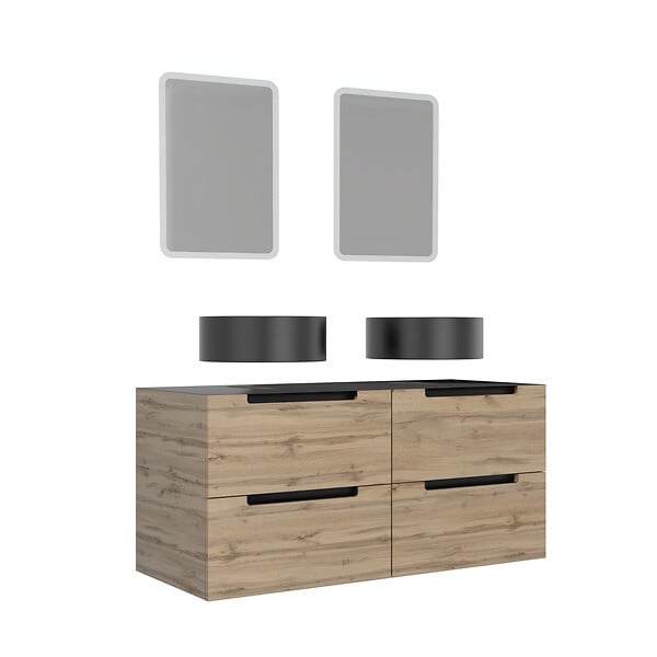 AURLANE - Meuble salle de bains 120cm Chene et noir, Vasques rondes Diam 41cm et Miroirs Led 40x60 - OMEGA - large