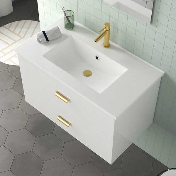 AURLANE - Meuble Salle de Bains 80cm Laqué Blanc et Or Doré à Tiroirs avec Vasque - Miroir & Applique Led - large