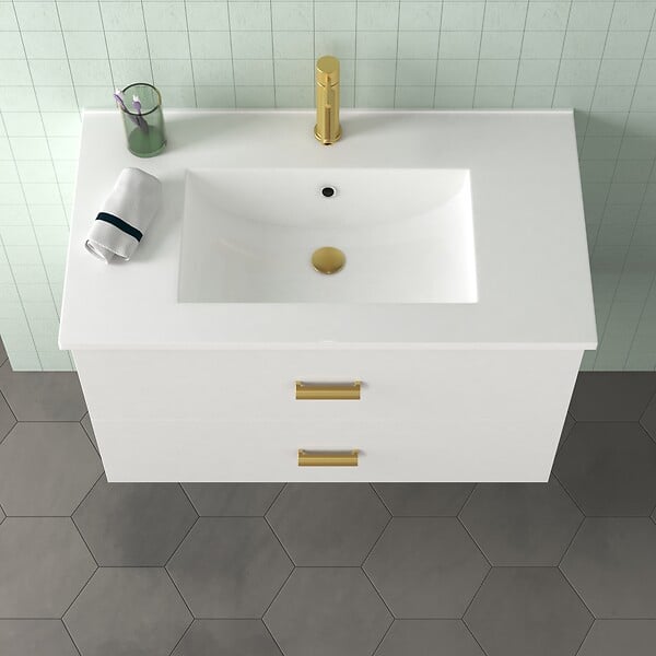 AURLANE - Meuble Salle de Bains 80cm Laqué Blanc et Or Doré à Tiroirs avec Vasque - Miroir & Applique Led - large