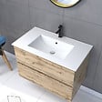 AURLANE - Pack Meuble SDB 80cm suspendu 2 tiroirs Chene_Vasque blanche + Miroir Barber - TIMBER 80 - Pack38 - vignette