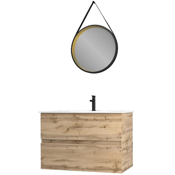 AURLANE - Pack Meuble SDB 80cm suspendu 2 tiroirs Chene_Vasque blanche + Miroir Barber - TIMBER 80 - Pack38 - large